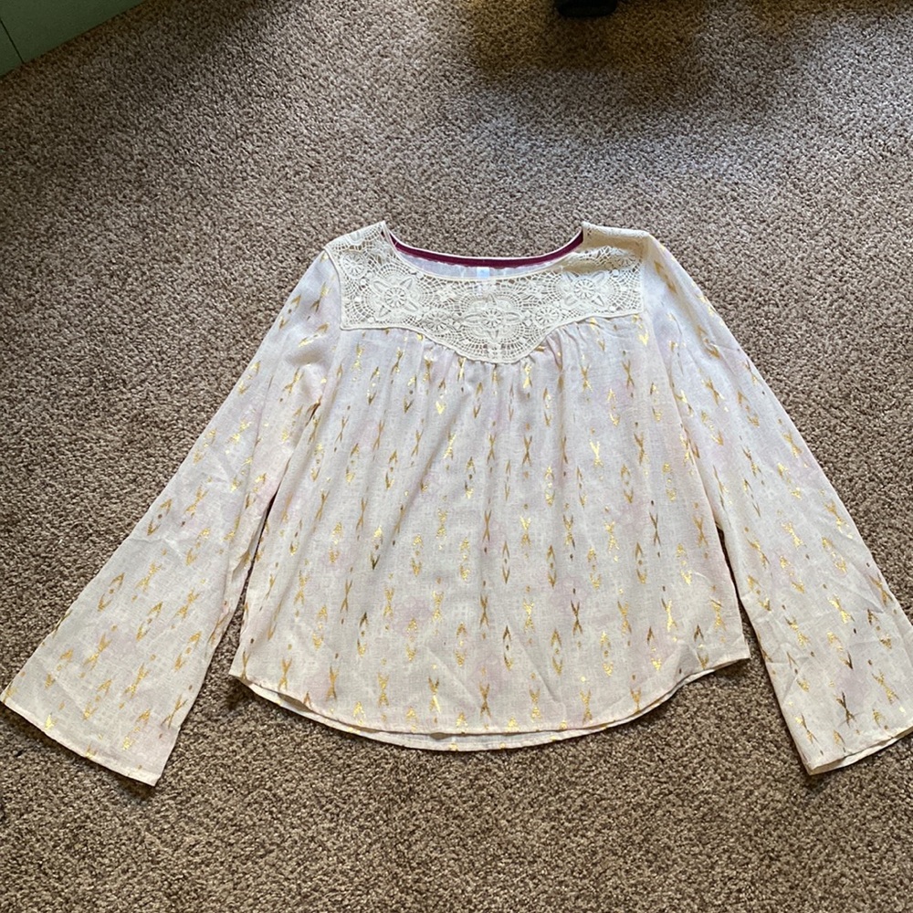 🌿XHILARATION size M boho flowy floral and gold crochet detail long sleeve top - Picture 10 of 11